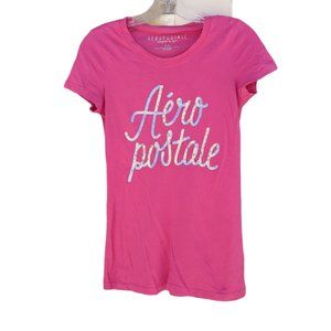 Aeropostale Pink Tee with Silver Sequin "Aeropostale" Design - Size M